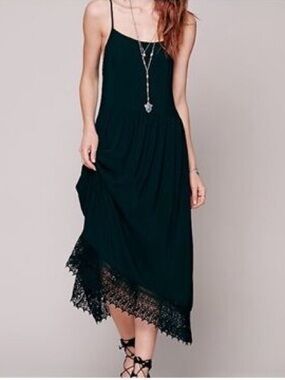 Free People Eyelashes Slip Dress Black Lace Asymmetrical Midi Size S Boho